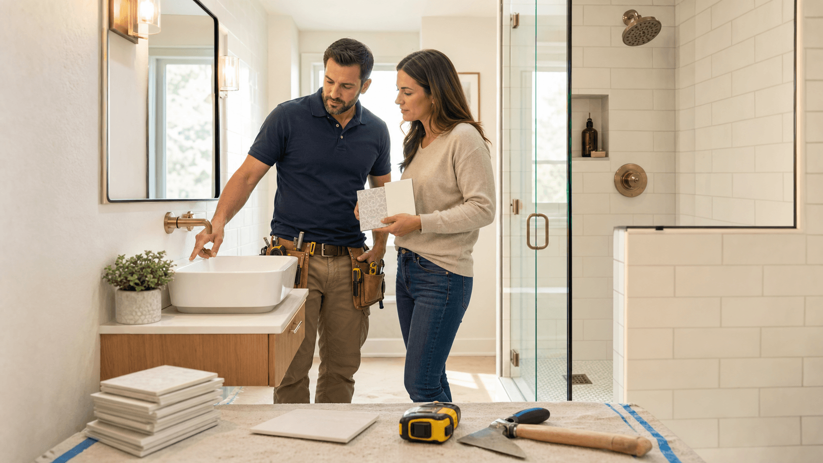 Bright modern small bathroom with white tile, compact vanity, glass shower, and a large mirror reflecting light