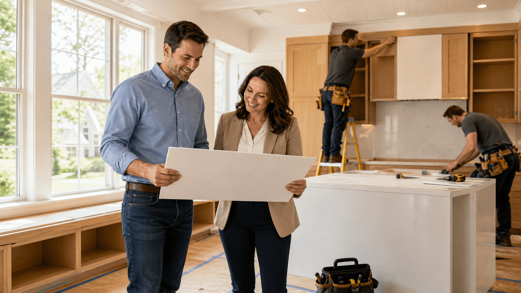 Smiling family reviews renovation plans with a contractor in a bright, modern kitchen.