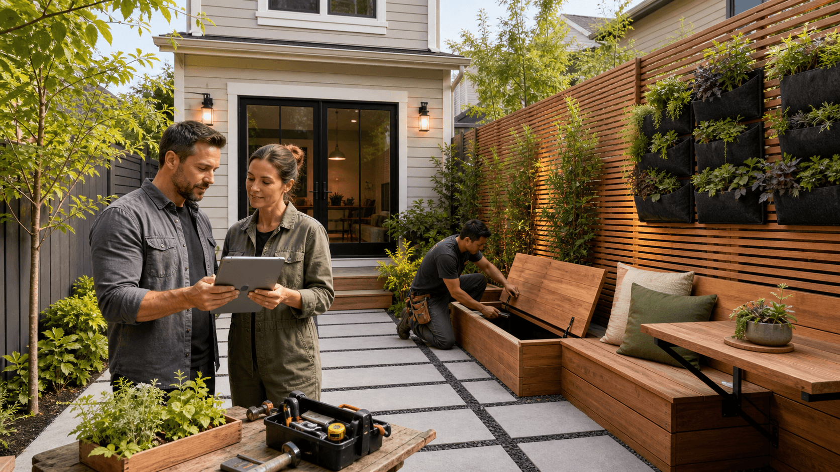 Modern small backyard with a compact patio, built-in seating, potted plants, and warm string lights at dusk