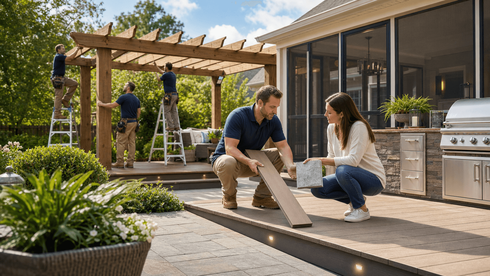 Sunlit backyard patio with modern pergola, outdoor seating, and stone pavers beside a green lawn and trees