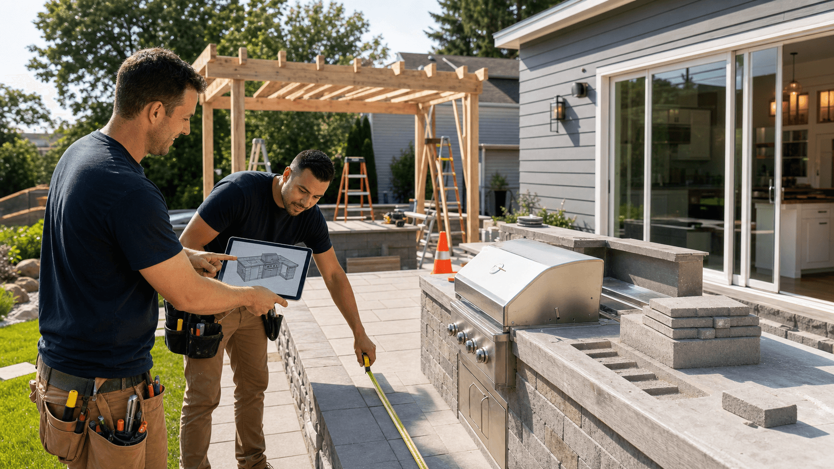 Modern outdoor kitchen with stainless grill and stone island on a patio, greenery behind in warm sunlight