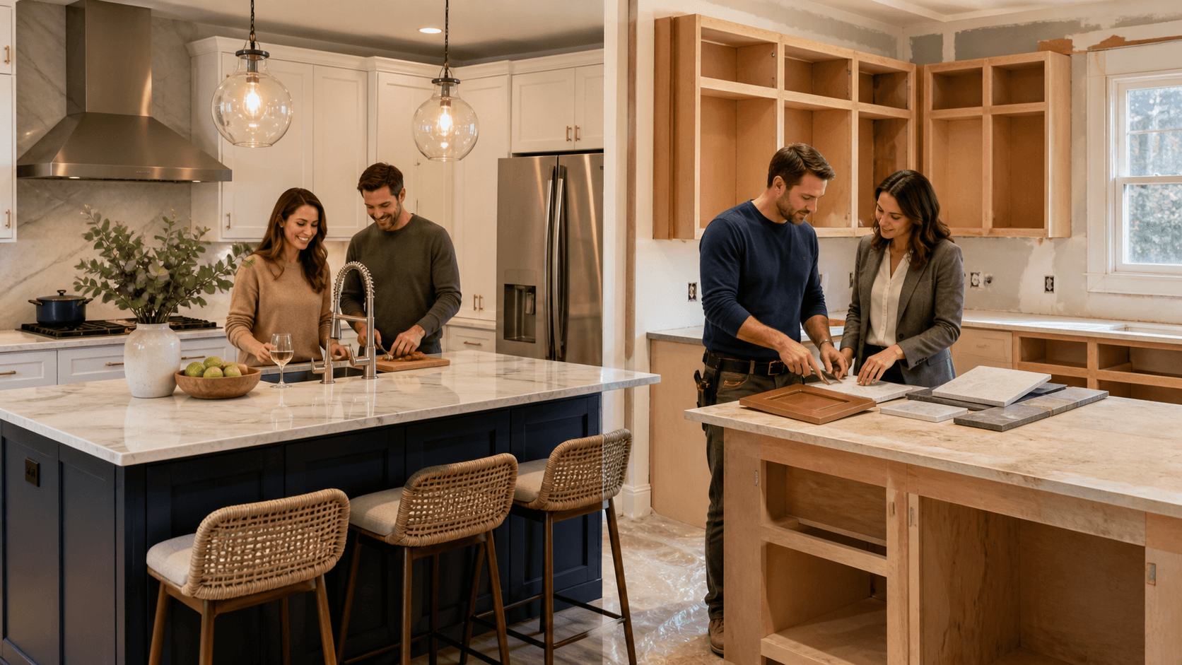 Split-view modern kitchen showing unfinished cabinetry beside a bright, fully renovated cooking space.
