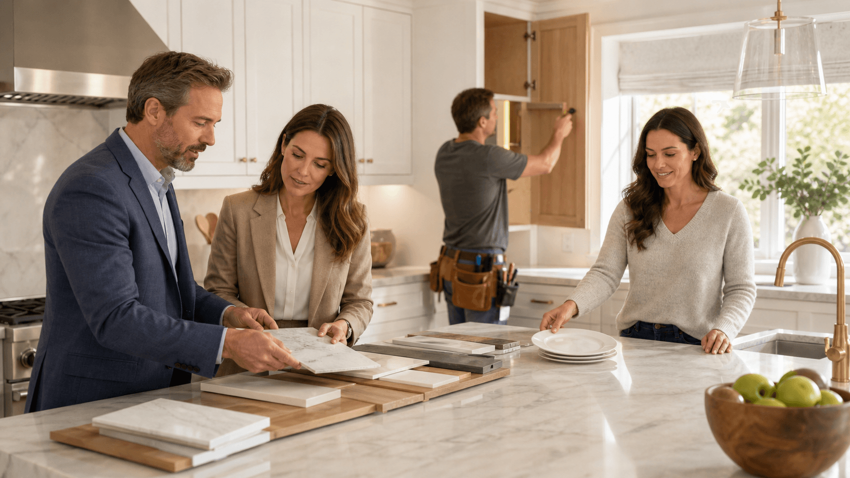Bright modern kitchen with white cabinets, marble island, pendant lights, and a contractor holding blueprints