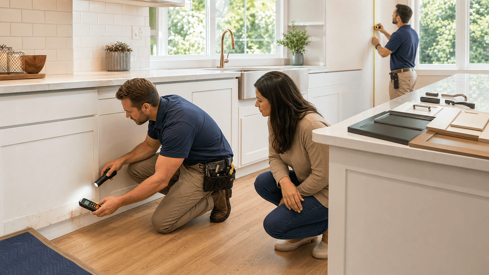 Contractor in hard hat reviewing blueprints in a bright kitchen renovation, with tools and wood planks on the floor