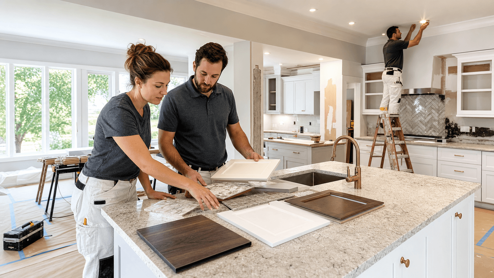 Bright modern kitchen remodel with white cabinets, island, pendant lights, and blueprints on a counter