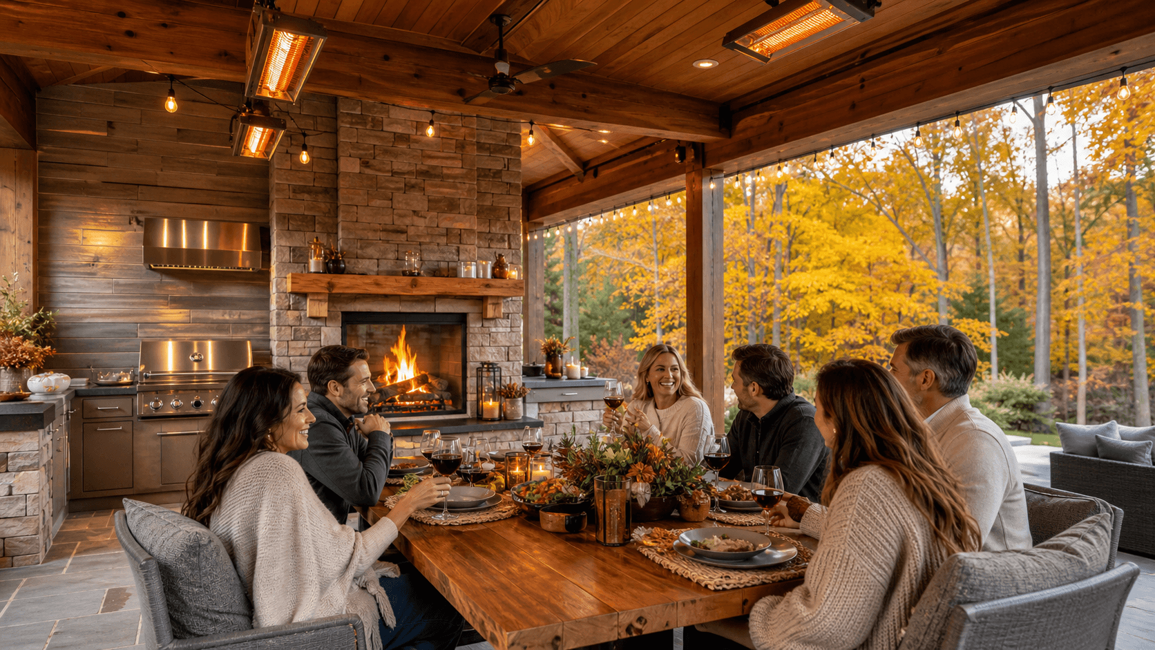 Cozy stone patio with fire pit, string lights, and covered seating surrounded by autumn foliage